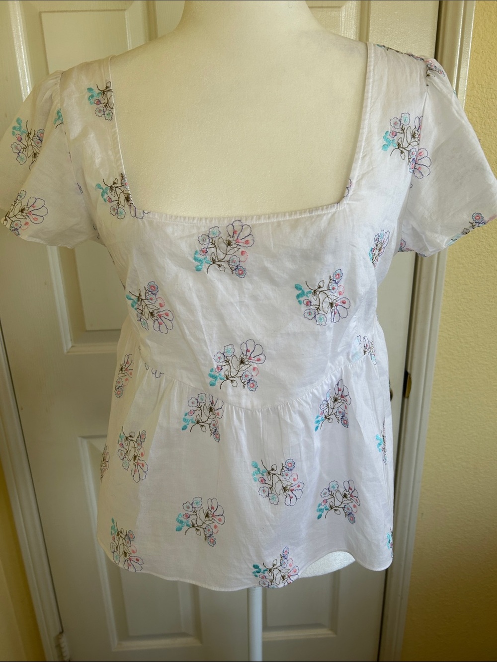 Tibi White Floral Square-Neck Peplum Top